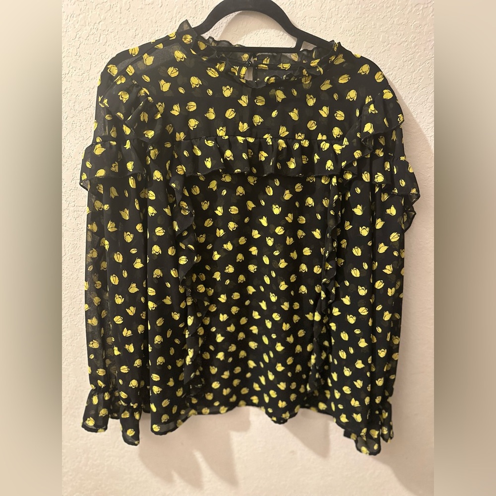Who What Wear Black/Yellow Floral Sheer Blouse